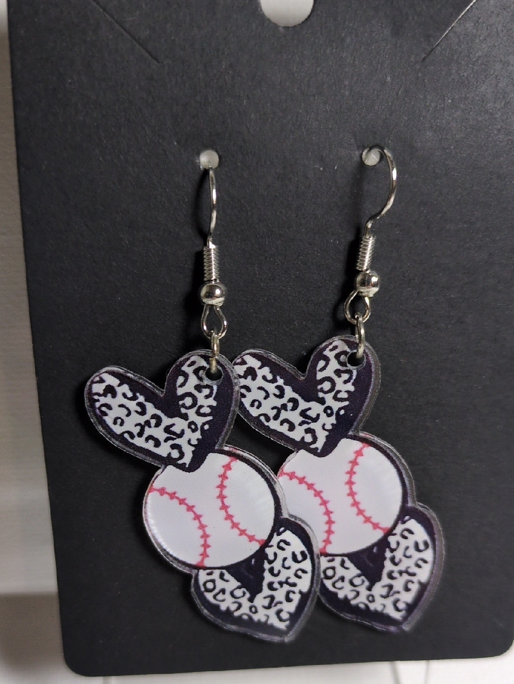 Heart & Baseball Dangle Earrings - Black, White, Pink Accents